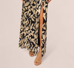 Foil Printed Asymmetric Gown With Ruffled Detail In Navy Gold 5