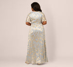 Plus Size Foil Leaf Short Sleeve Gown With Draped Details In Light Blue Gold 6