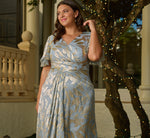 Plus Size Foil Leaf Short Sleeve Gown With Draped Details In Light Blue Gold 1