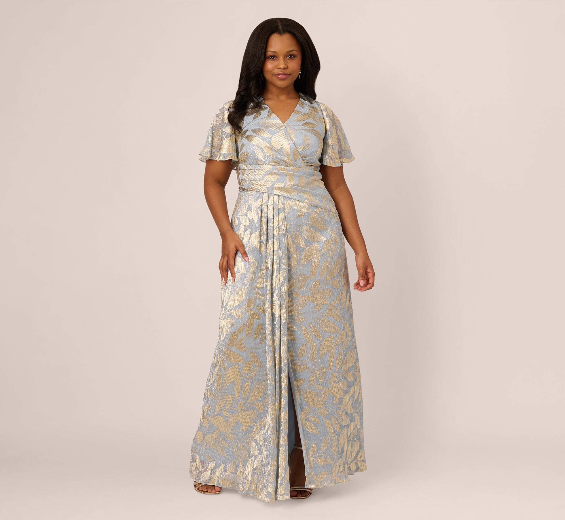 Blue Plus Size Foil Leaf Short Sleeve Gown With Draped Details - Adrianna Papell Blue Plus Size Foil Leaf Short Sleeve Gown With Draped Details - Adrianna Papell