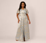 Plus Size Foil Leaf Short Sleeve Gown With Draped Details In Light Blue Gold 3