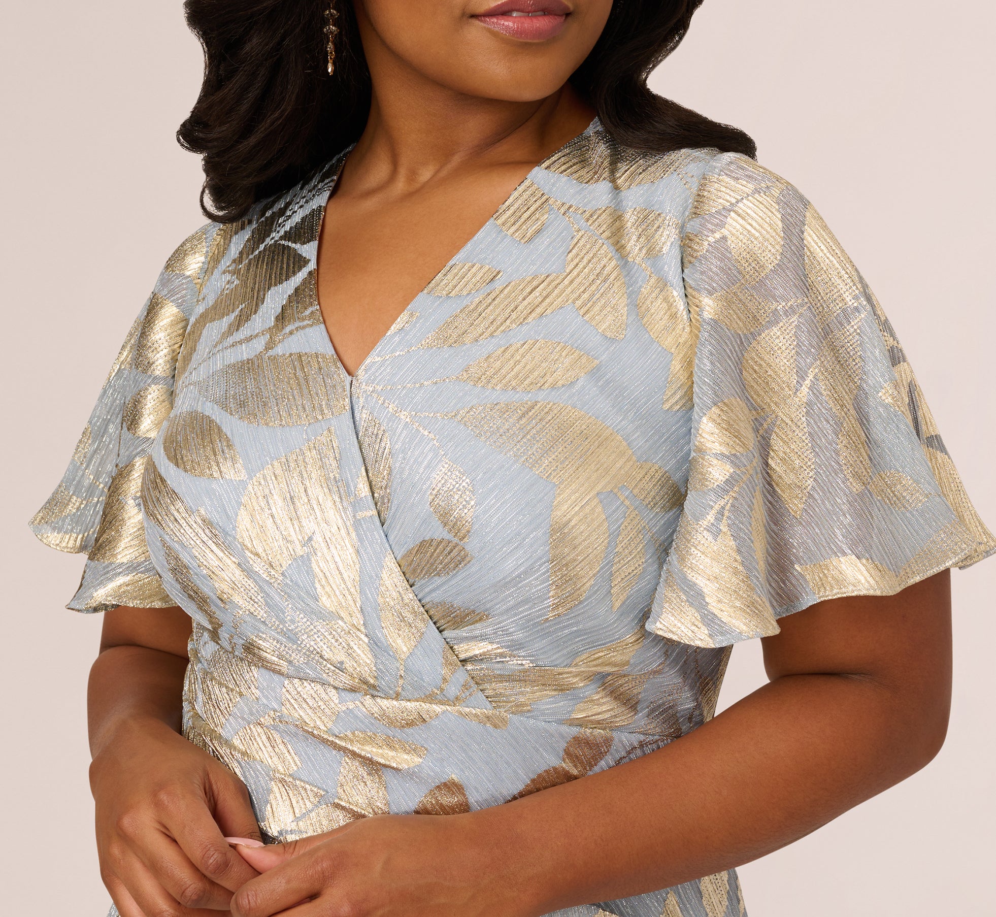 Blue Plus Size Foil Leaf Short Sleeve Gown With Draped Details - Adrianna Papell Blue Plus Size Foil Leaf Short Sleeve Gown With Draped Details - Adrianna Papell