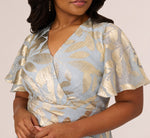 Plus Size Foil Leaf Short Sleeve Gown With Draped Details In Light Blue Gold 4