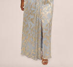 Plus Size Foil Leaf Short Sleeve Gown With Draped Details In Light Blue Gold 5
