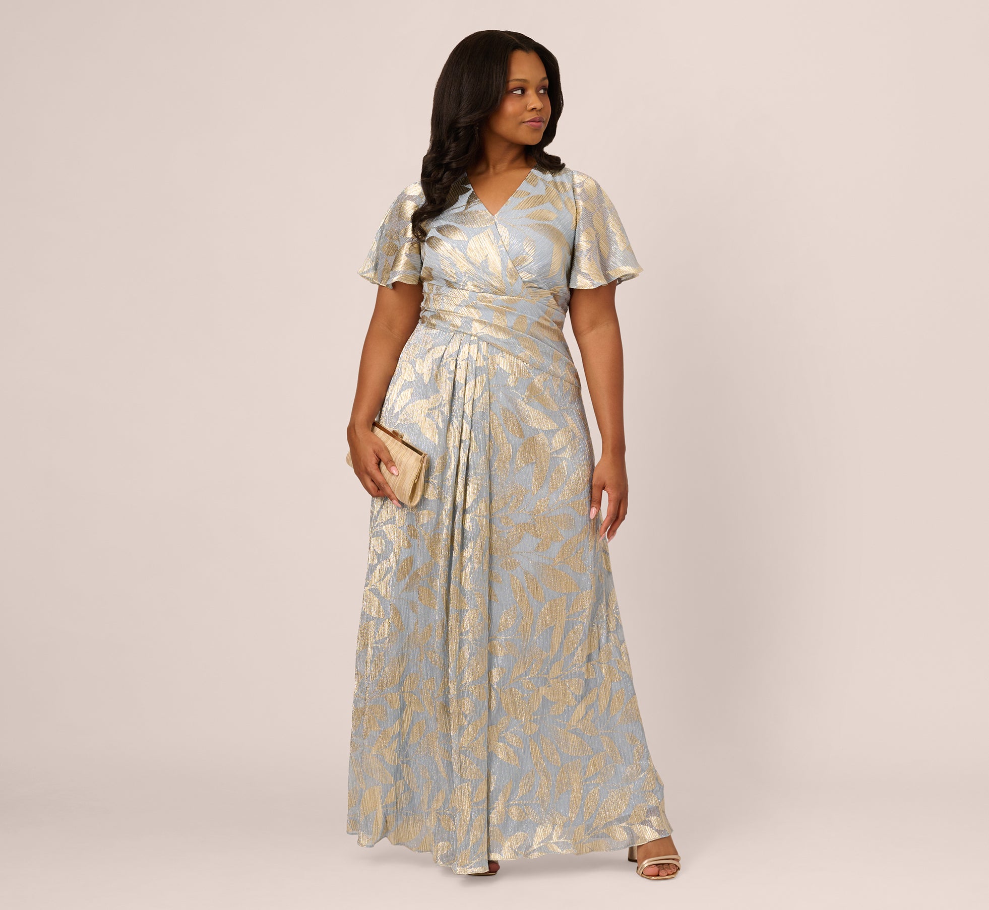 Blue Plus Size Foil Leaf Short Sleeve Gown With Draped Details - Adrianna Papell Blue Plus Size Foil Leaf Short Sleeve Gown With Draped Details - Adrianna Papell