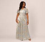 Plus Size Foil Leaf Short Sleeve Gown With Draped Details In Light Blue Gold 2