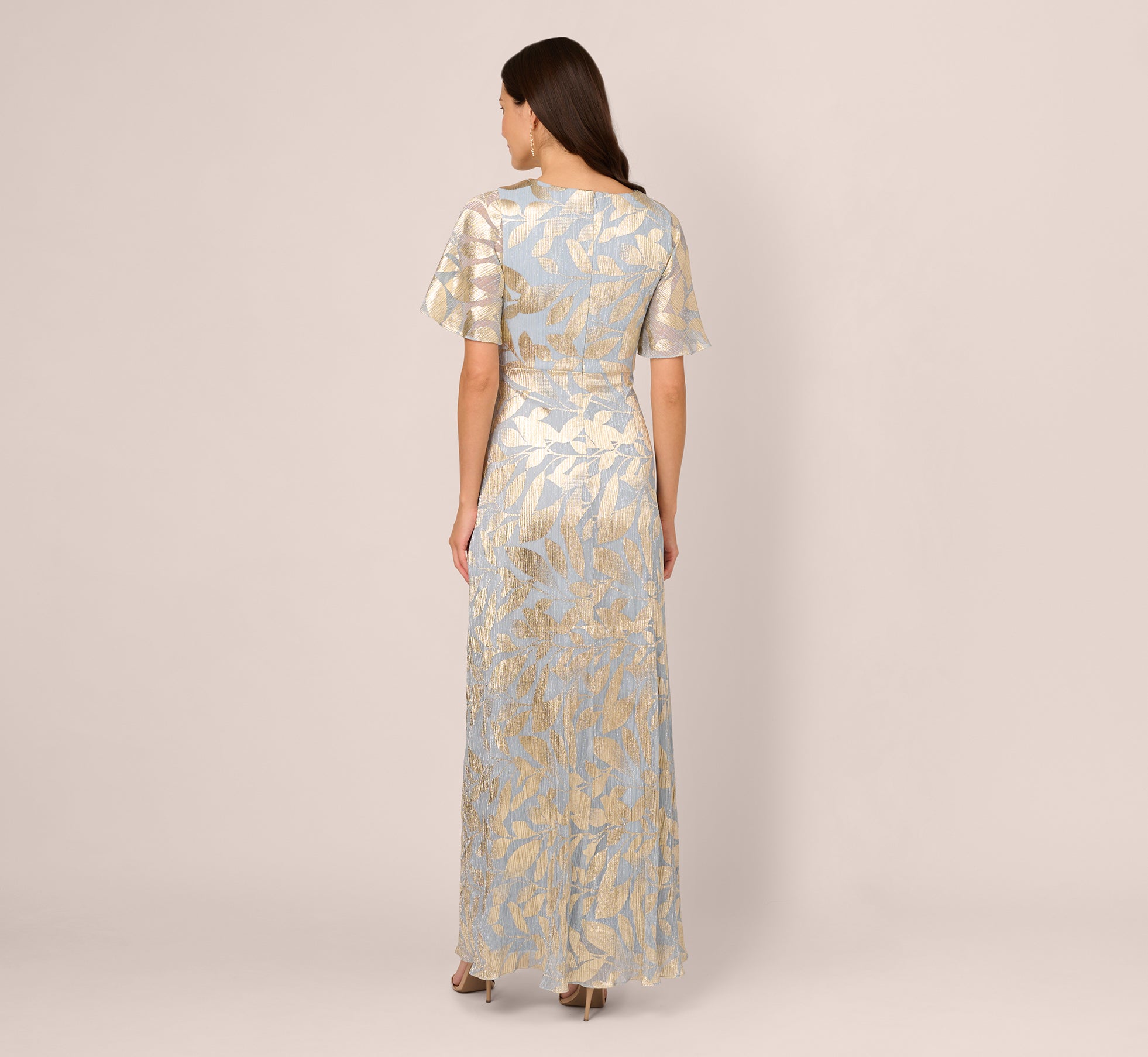 Light Blue Gold Foil Leaf Short Sleeve Gown With Draped Details - Adrianna Papell Light Blue Gold Foil Leaf Short Sleeve Gown With Draped Details - Adrianna Papell