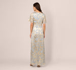 Foil Leaf Short Sleeve Gown With Draped Details In Light Blue Gold 5