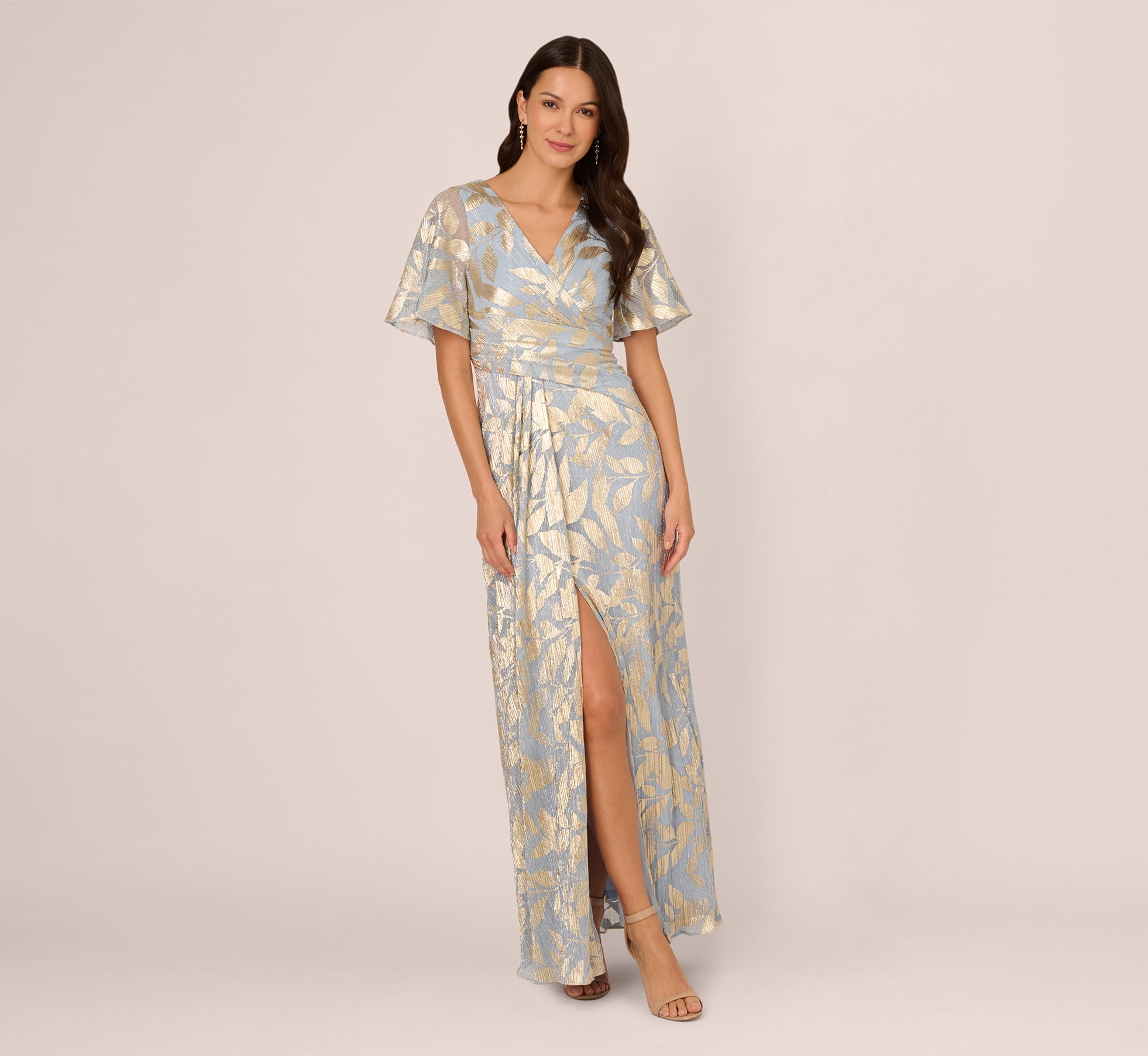 adrianna papell gold foil dress Plus Size Foil Leaf Short Sleeve Gown With Draped Details In Light Blue Gold