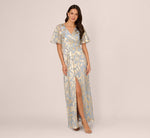Foil Leaf Short Sleeve Gown With Draped Details In Light Blue Gold 2