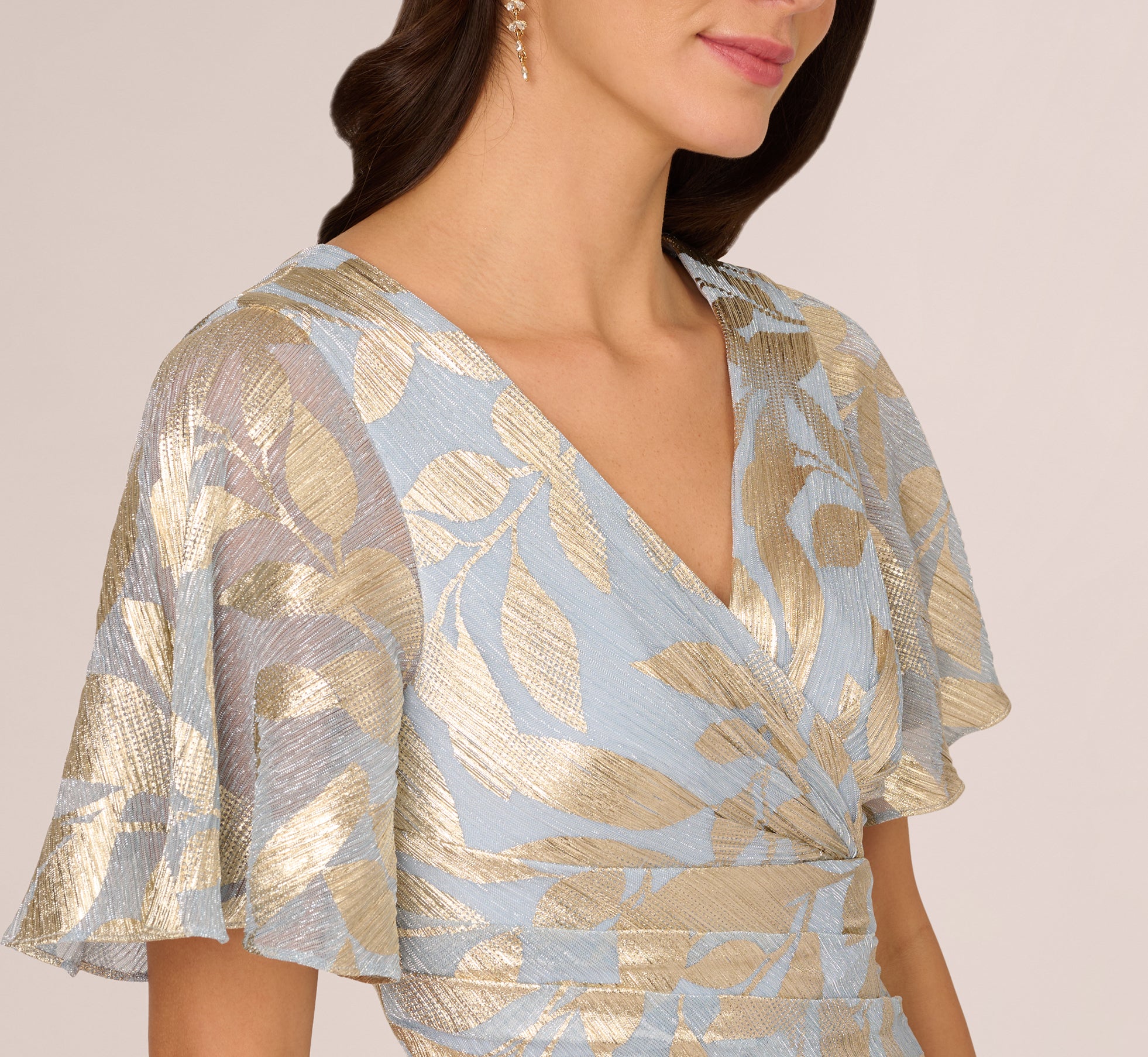 Light Blue Gold Foil Leaf Short Sleeve Gown With Draped Details - Adrianna Papell Light Blue Gold Foil Leaf Short Sleeve Gown With Draped Details - Adrianna Papell