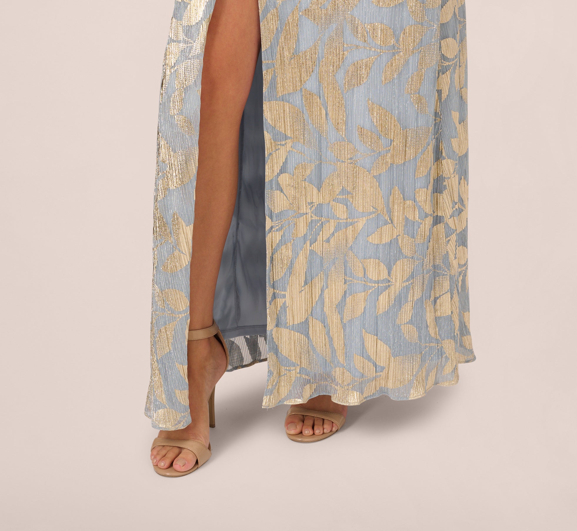 Blue Foil Leaf Short Sleeve Gown With Draped Details - Adrianna Papell Blue Foil Leaf Short Sleeve Gown With Draped Details - Adrianna Papell