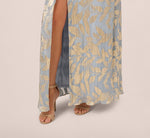 Foil Leaf Short Sleeve Gown With Draped Details In Light Blue Gold 4