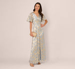 Foil Leaf Short Sleeve Gown With Draped Details In Light Blue Gold 1
