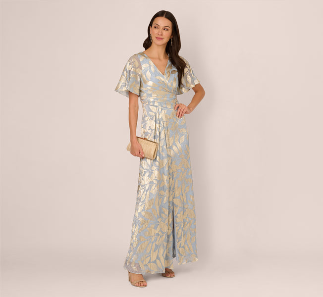 Adrianna Papell Foil Leaf Short Sleeve Gown with Draped Details - Light Blue/Gold Adrianna Papell Foil Leaf Short Sleeve Gown with Draped Details - Light Blue/Gold