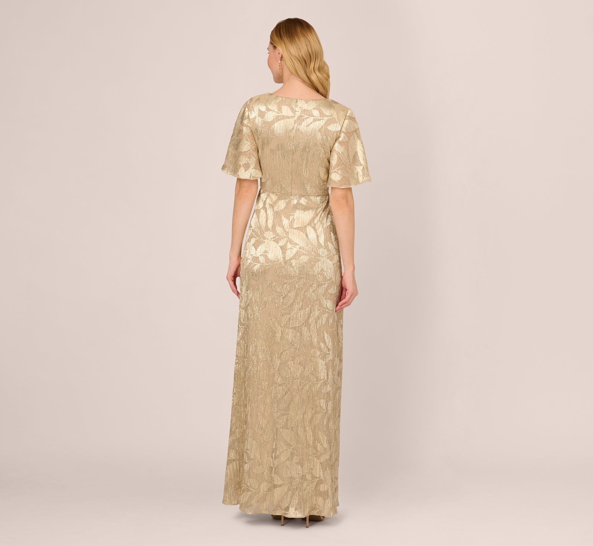 Foil Leaf Short Sleeve Gown With Draped Details In Champagne Gold-Champagne/Gold / Regular / 0