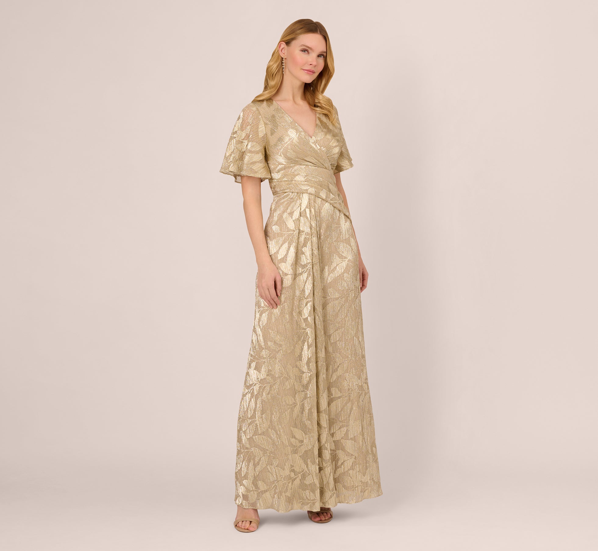 Champagne Gold Foil Leaf Short Sleeve Gown With Draped Details - Adrianna Papell Champagne Gold Foil Leaf Short Sleeve Gown With Draped Details - Adrianna Papell