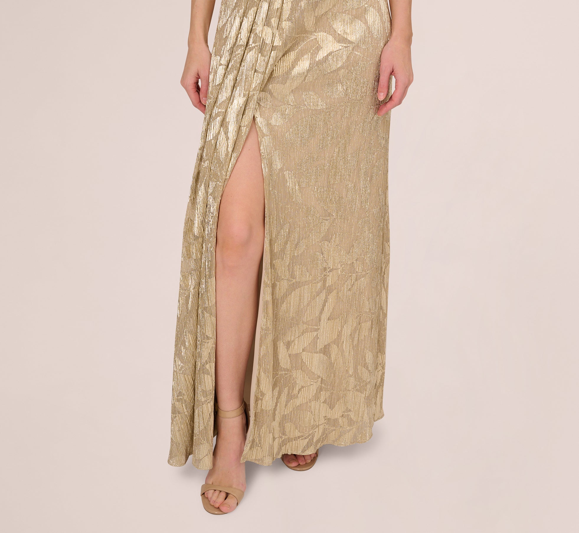 Champagne Gold Foil Leaf Short Sleeve Gown With Draped Details - Adrianna Papell Champagne Gold Foil Leaf Short Sleeve Gown With Draped Details - Adrianna Papell