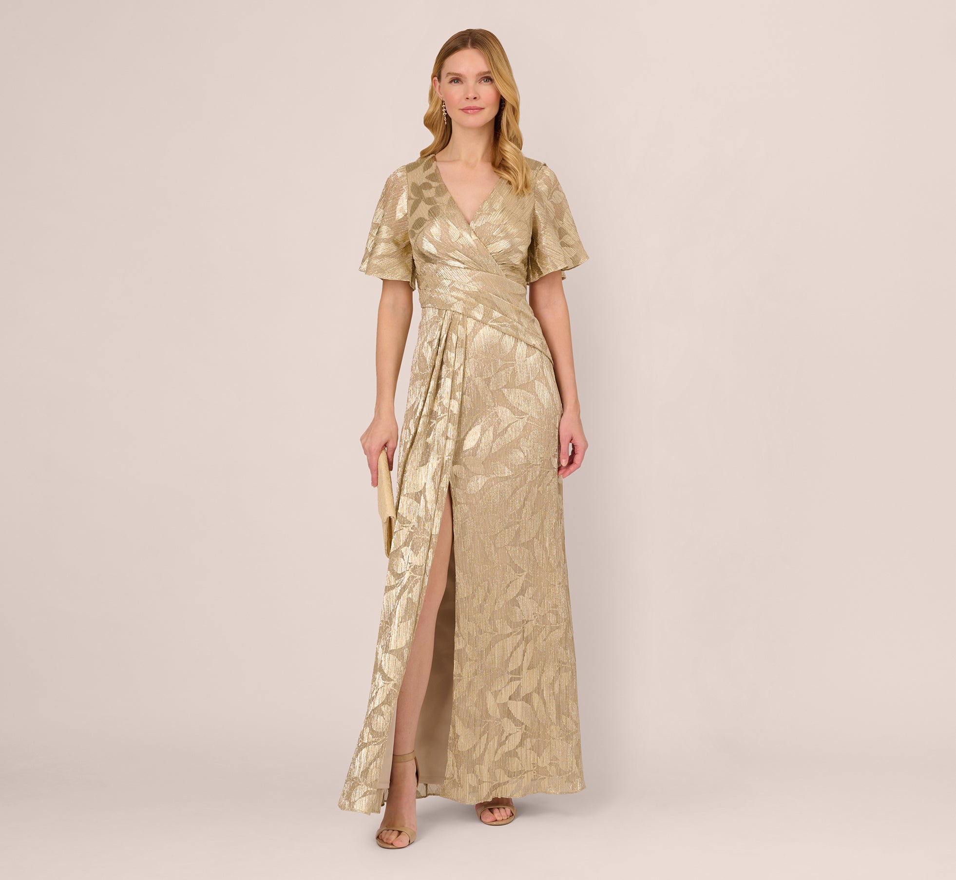 Gold Foil Leaf Short Sleeve Gown With Draped Details - Adrianna Papell Gold Foil Leaf Short Sleeve Gown With Draped Details - Adrianna Papell
