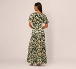 Foil Leaf Short Sleeve Gown With Draped Details In Green Pine Gold 5