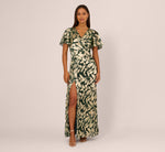Foil Leaf Short Sleeve Gown With Draped Details In Green Pine Gold 2
