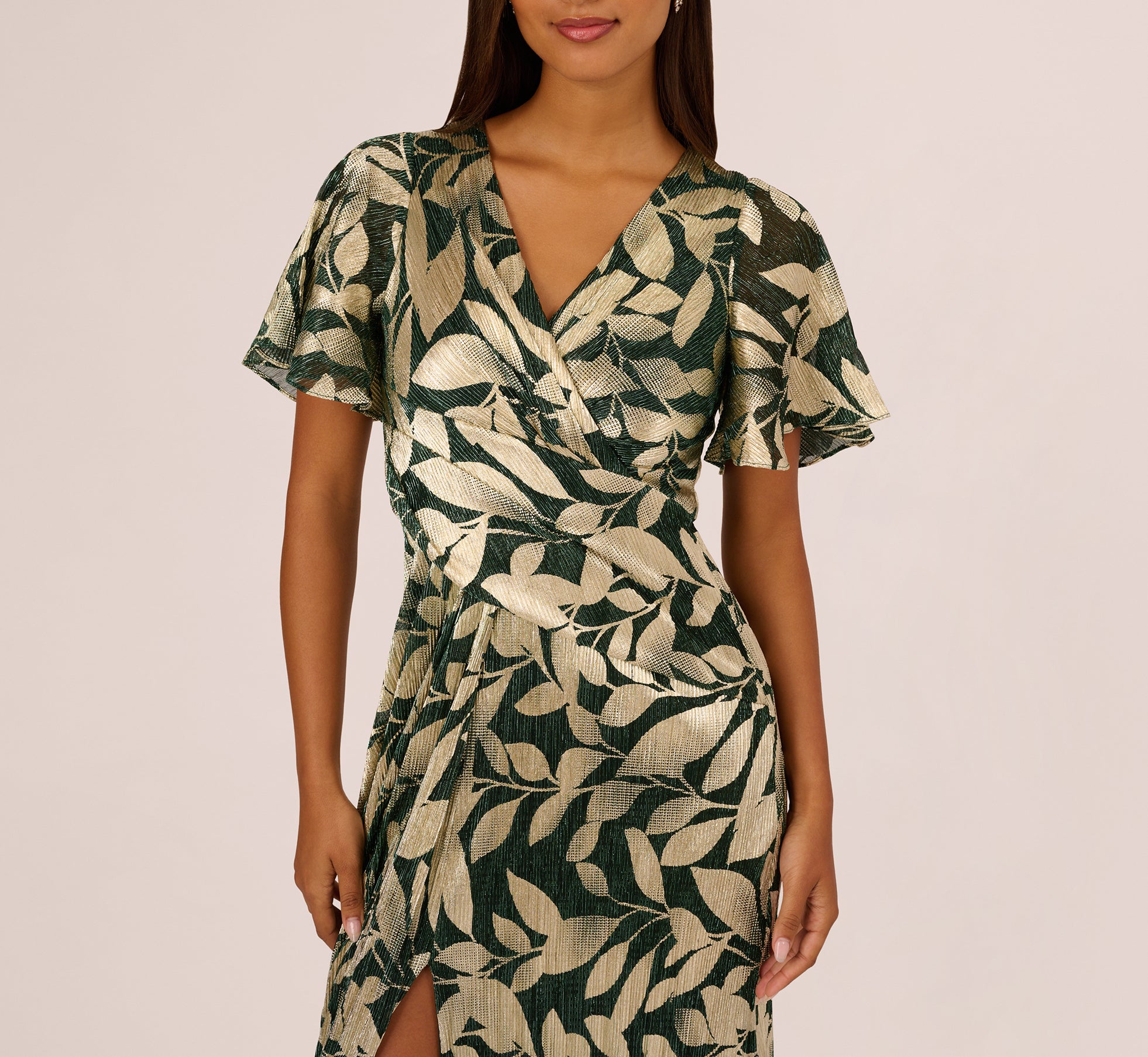 Dark Green Foil Leaf Short Sleeve Gown With Draped Details - Adrianna Papell Dark Green Foil Leaf Short Sleeve Gown With Draped Details - Adrianna Papell