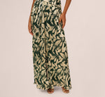 Foil Leaf Short Sleeve Gown With Draped Details In Green Pine Gold 4