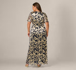 Plus Size Foil Leaf Short Sleeve Gown With Draped Details In Navy Gold 5