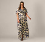 Plus Size Foil Leaf Short Sleeve Gown With Draped Details In Navy Gold 2