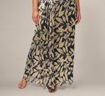 Plus Size Foil Leaf Short Sleeve Gown With Draped Details In Navy Gold 4