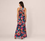 Floral Printed Halter Mermaid Gown With Ruffle Details In Navy Multi 5