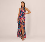 Floral Printed Halter Mermaid Gown With Ruffle Details In Navy Multi 2