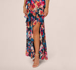 Floral Printed Halter Mermaid Gown With Ruffle Details In Navy Multi 3