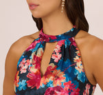 Floral Printed Halter Mermaid Gown With Ruffle Details In Navy Multi 4