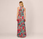 Floral Printed Halter Mermaid Gown With Ruffle Details In Turquoise Multi 6