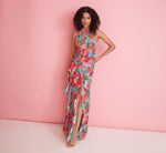 Floral Printed Halter Mermaid Gown With Ruffle Details In Turquoise Multi 1