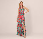 Floral Printed Halter Mermaid Gown With Ruffle Details In Turquoise Multi 3