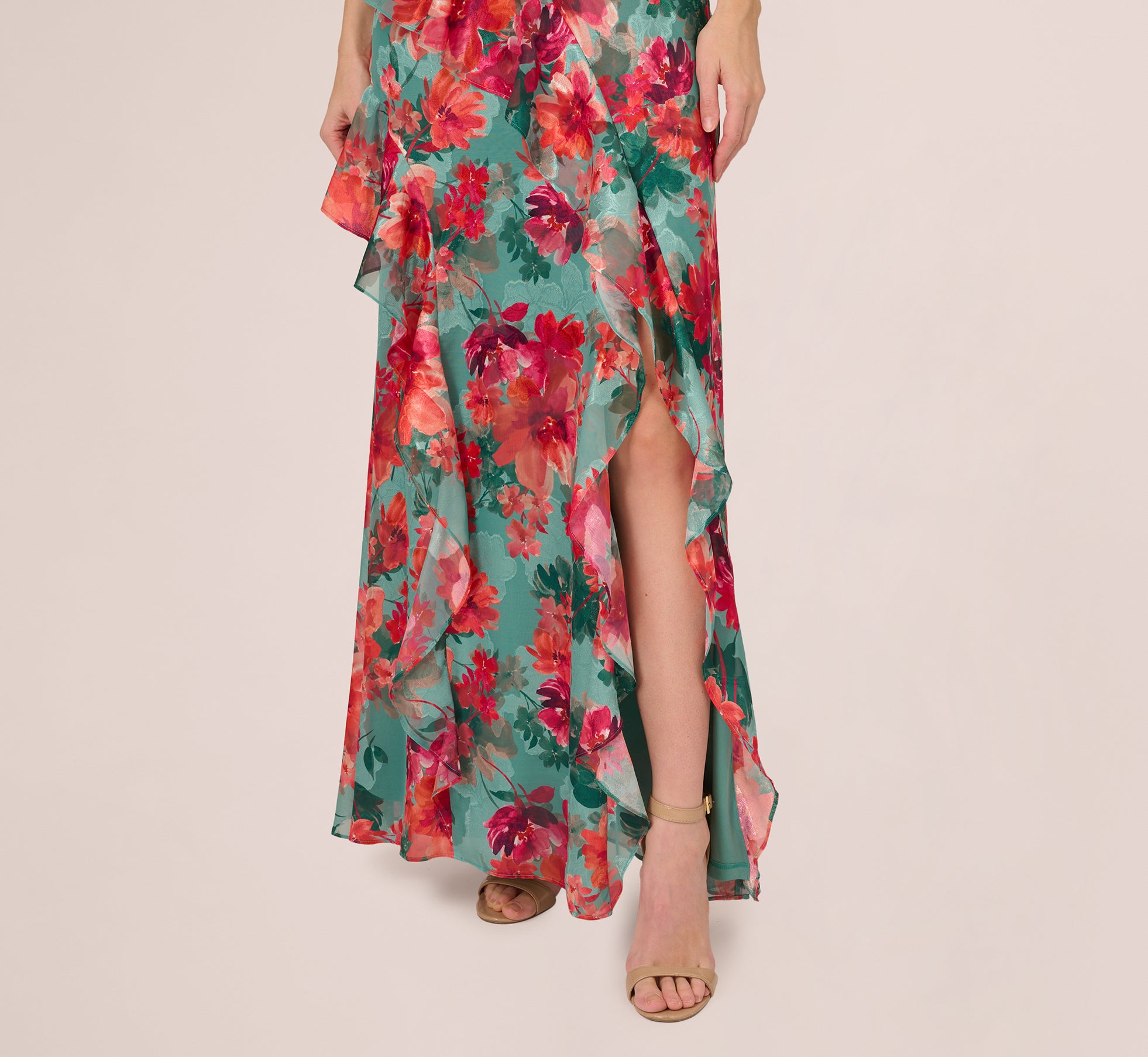 Floral Printed Halter Mermaid Gown With Ruffle Details In Turquoise Multi 1