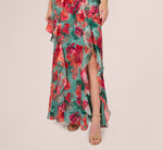 Floral Printed Halter Mermaid Gown With Ruffle Details In Turquoise Multi 5