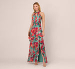 Floral Printed Halter Mermaid Gown With Ruffle Details In Turquoise Multi 2
