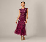 Petite Floral Beaded Ankle Length Gown In Bordeaux 2