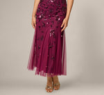 Petite Floral Beaded Ankle Length Gown In Bordeaux 4