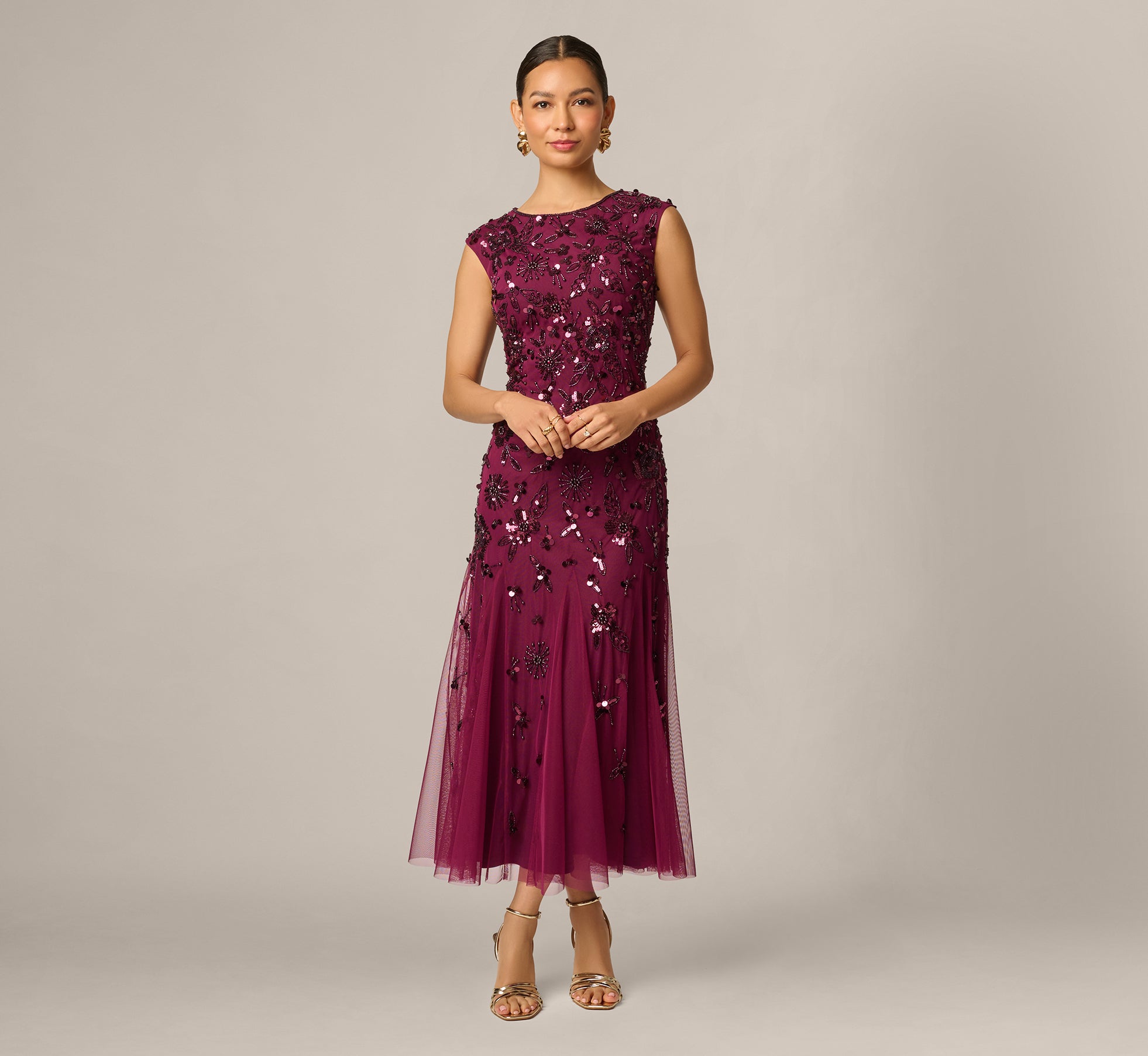 Petite Floral Beaded Ankle Length Gown In Bordeaux 1