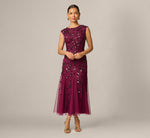 Petite Floral Beaded Ankle Length Gown In Bordeaux 1