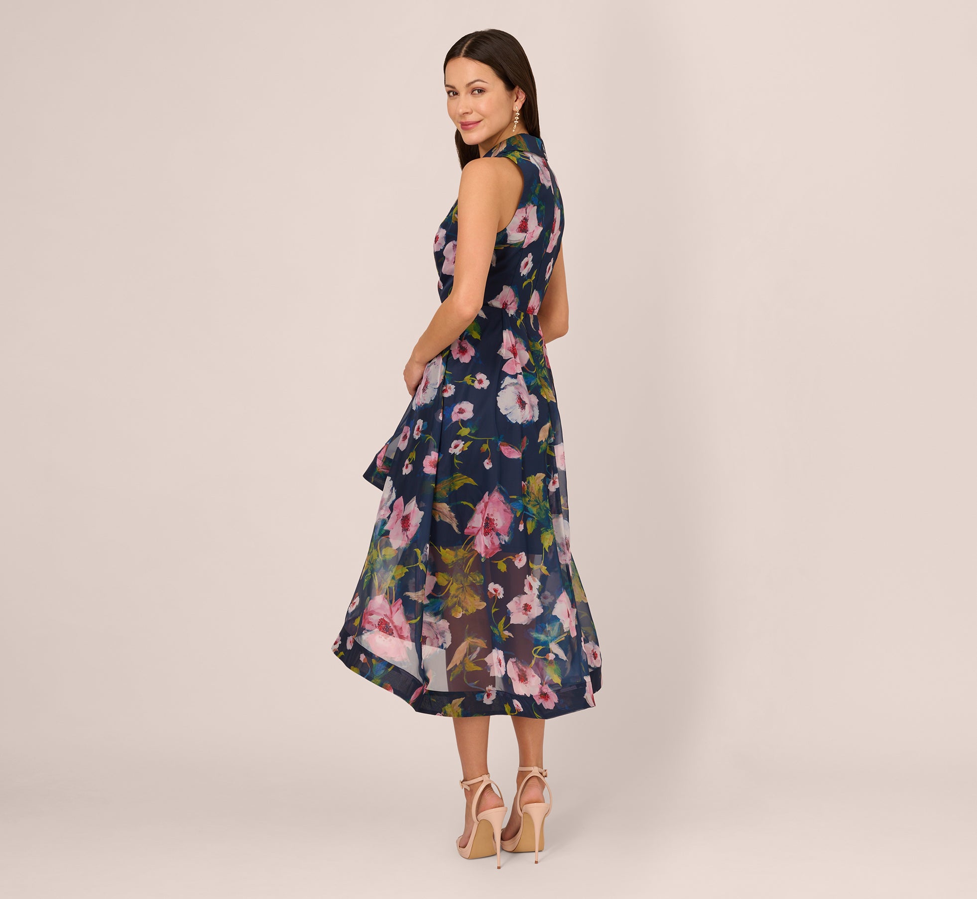 Floral Printed High Low Organza Halter Dress In Navy Multi 1