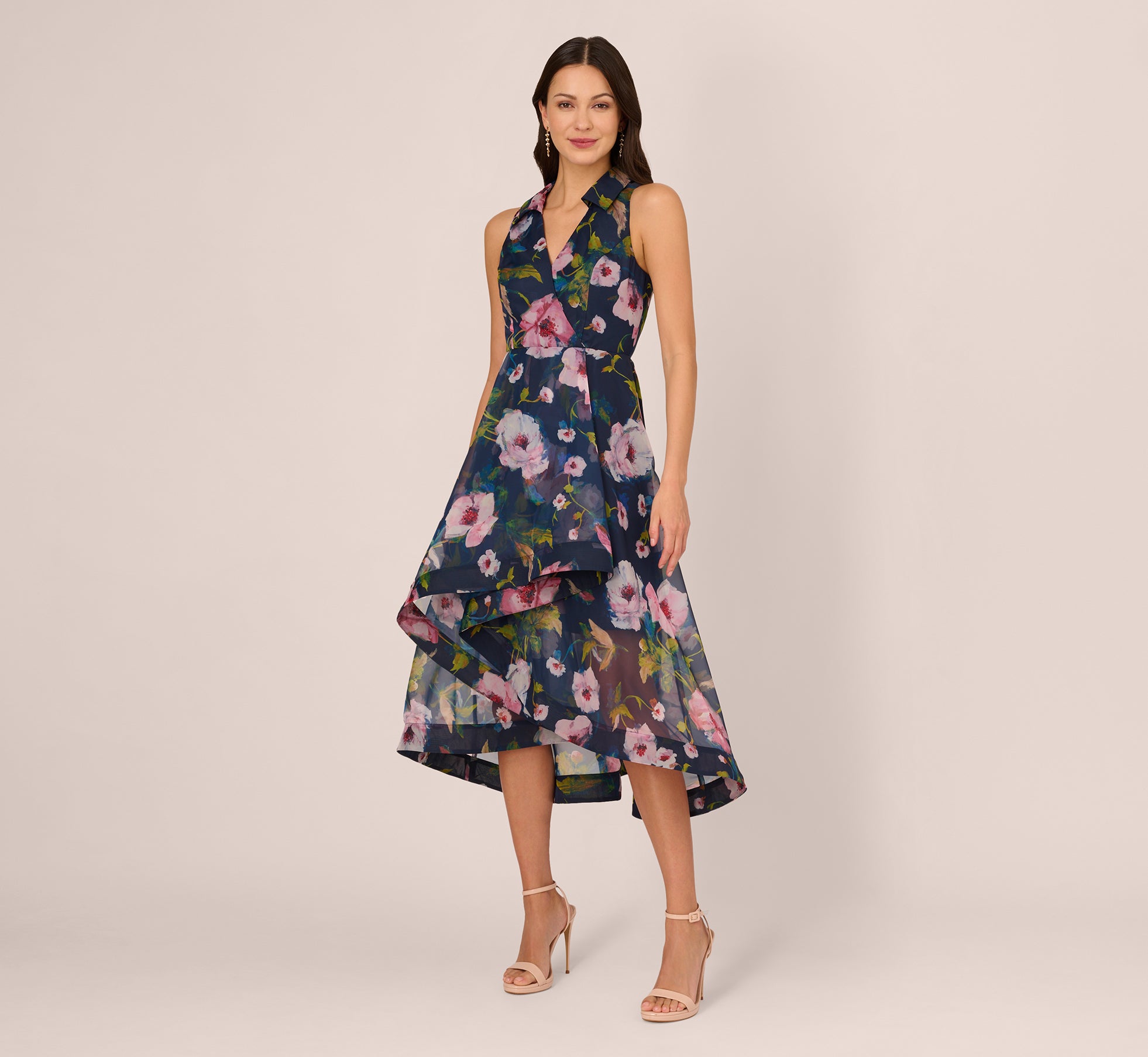 Adrianna Papell Floral Printed High Low Organza Halter Dress - Navy/Multi Adrianna Papell Floral Printed High Low Organza Halter Dress - Navy/Multi