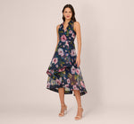 Floral Printed High Low Organza Halter Dress In Navy Multi 4