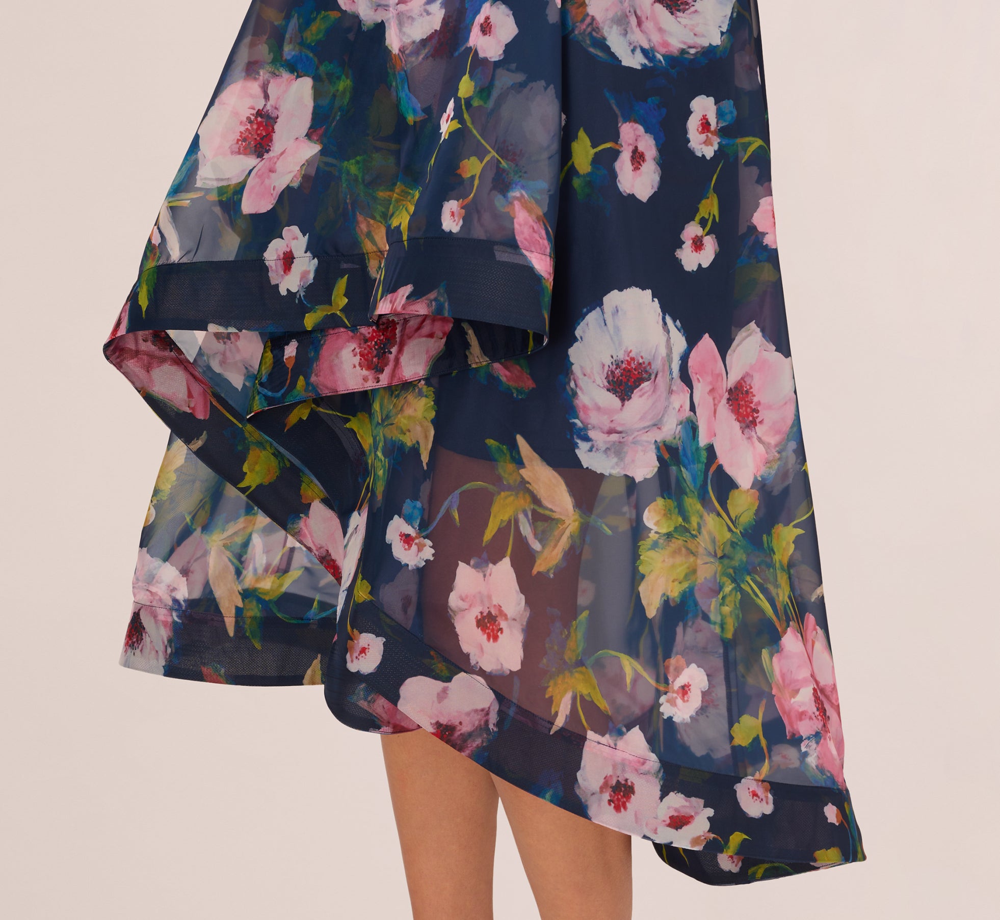 Navy Floral Printed High Low Organza Halter Dress - Adrianna Papell Navy Floral Printed High Low Organza Halter Dress - Adrianna Papell