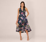 Floral Printed High Low Organza Halter Dress In Navy Multi 5