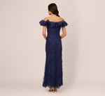 Ruffle Off The Shoulder Floral Lace Gown In Light Navy 5